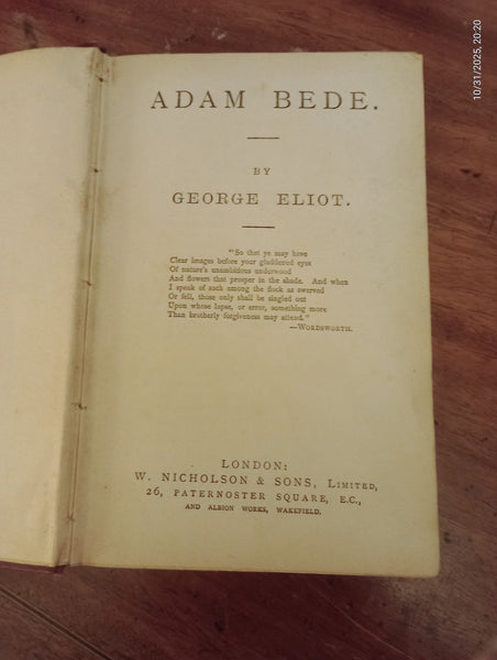 Adam Bede by English author George Eliot Hb Vintage W. Nicholson & Sons, Limited