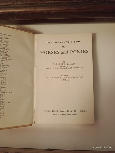 The Observer's Book of Horses and Ponies Hb Vintage by R.S. Summerhays